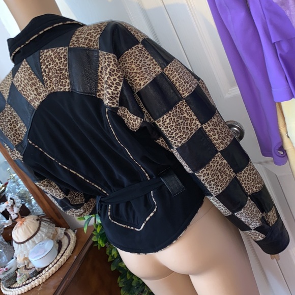 Vtg 80s rare unique leopard checked leather new wave  batwing wrap jacket L - Picture 5 of 15